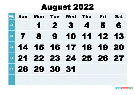 August 2022 Printable Calendar Word